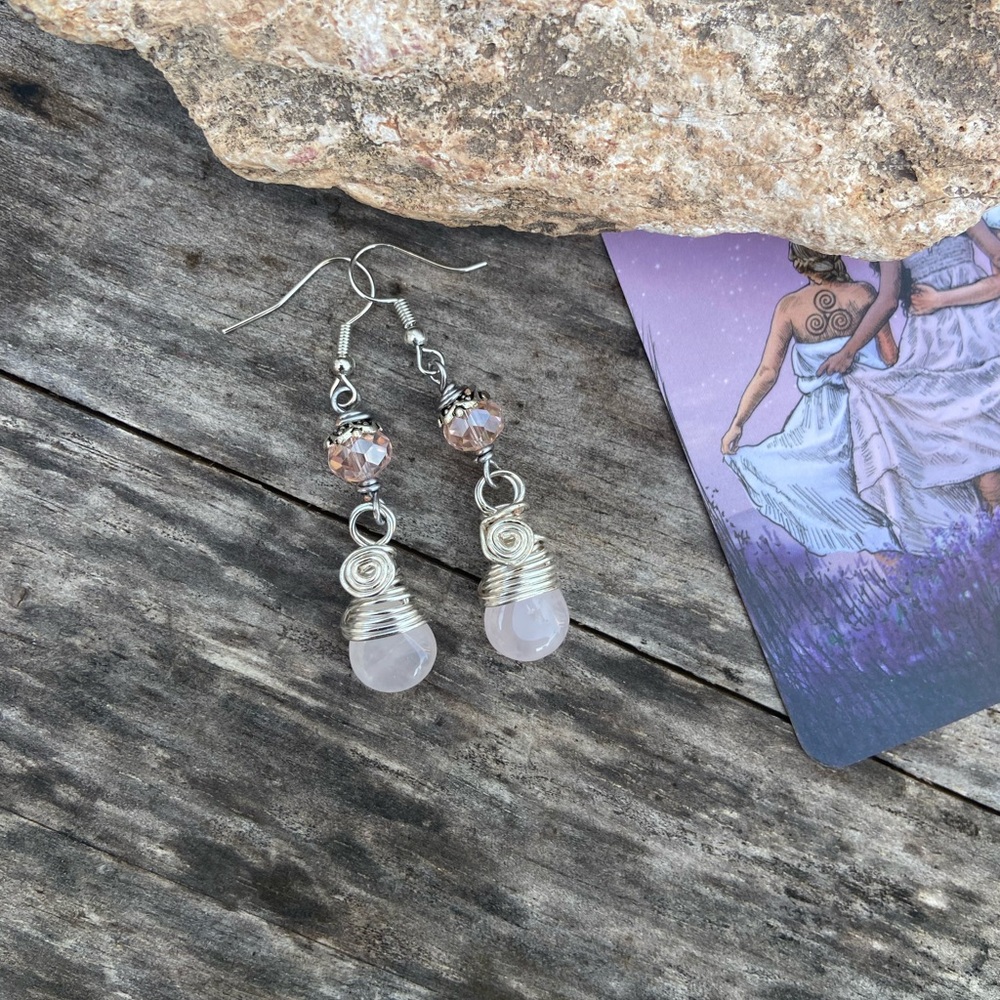 Wire Wrapped Rose Quartz Briolette Dangle Earrings - Handmade - Picture 10 of 10